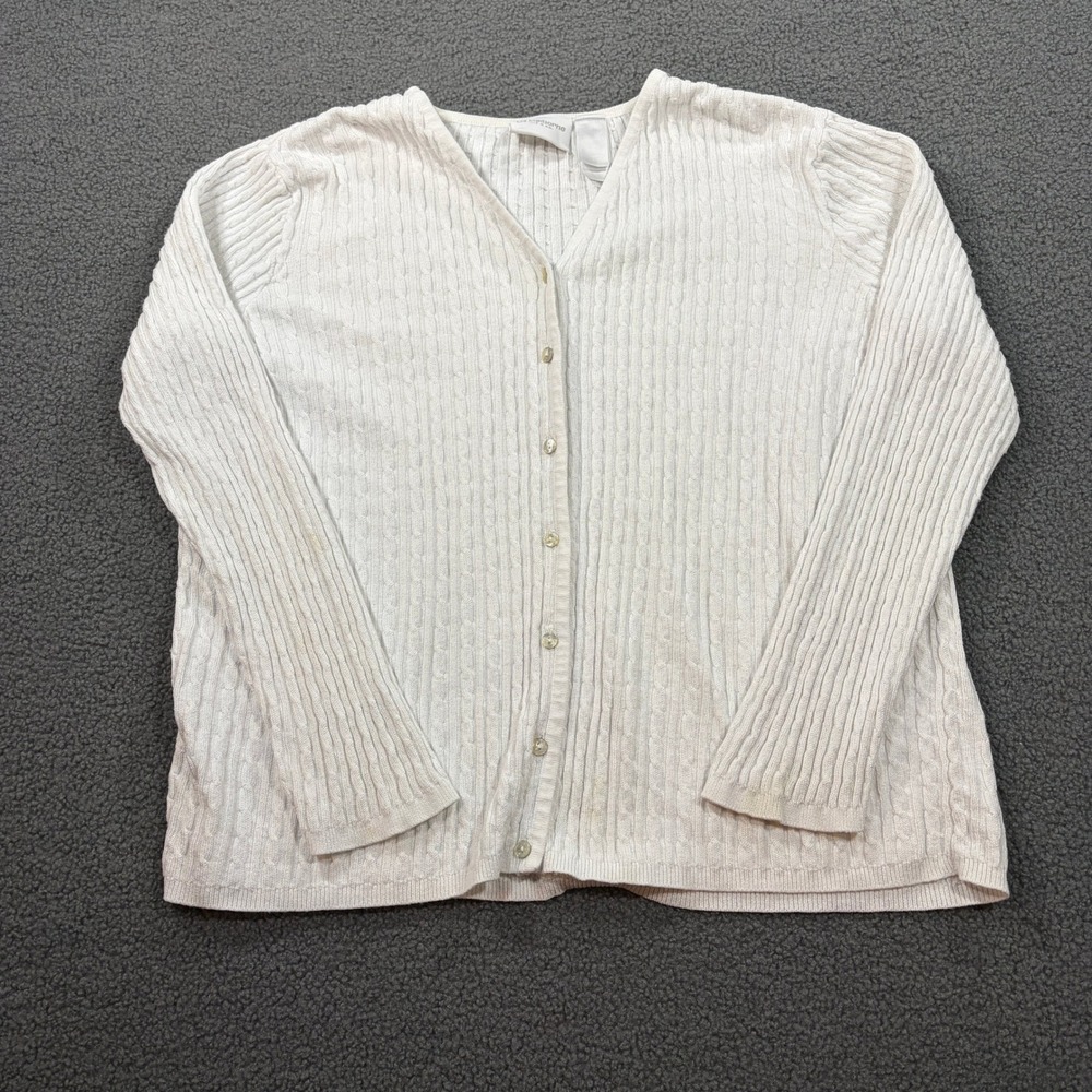 Liz Claiborne Cardigan Womens L White LAMU1664 Cable Knit V-Neck Button Front